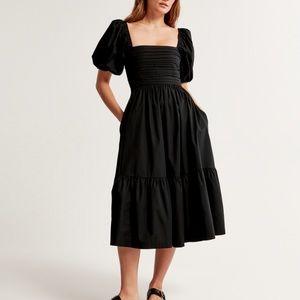 Abercrombie & Fitch Emerson Poplin Puff Sleeve Midi Dress *NAVY BLUE*